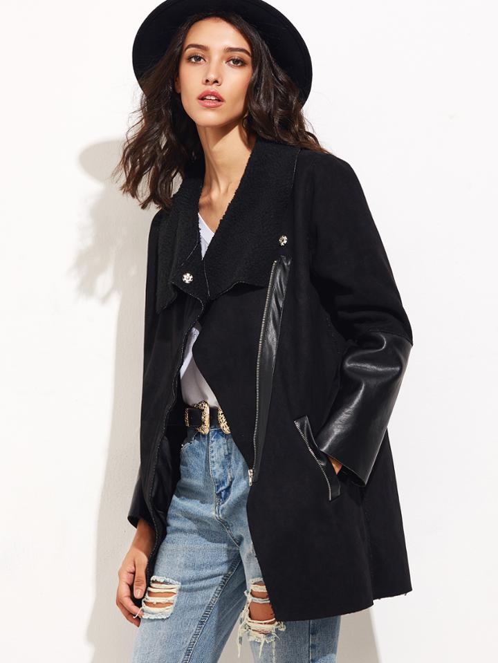 Shein Black Faux Suede Mixed Media Asymmetric Zip Coat