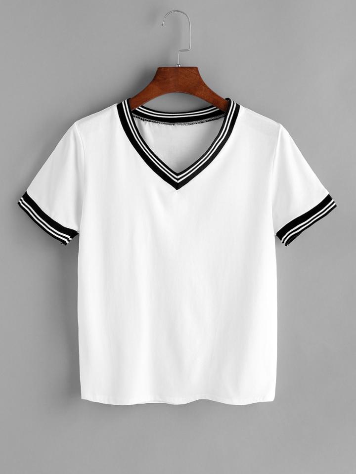 Shein Striped Trim V-neck Tee