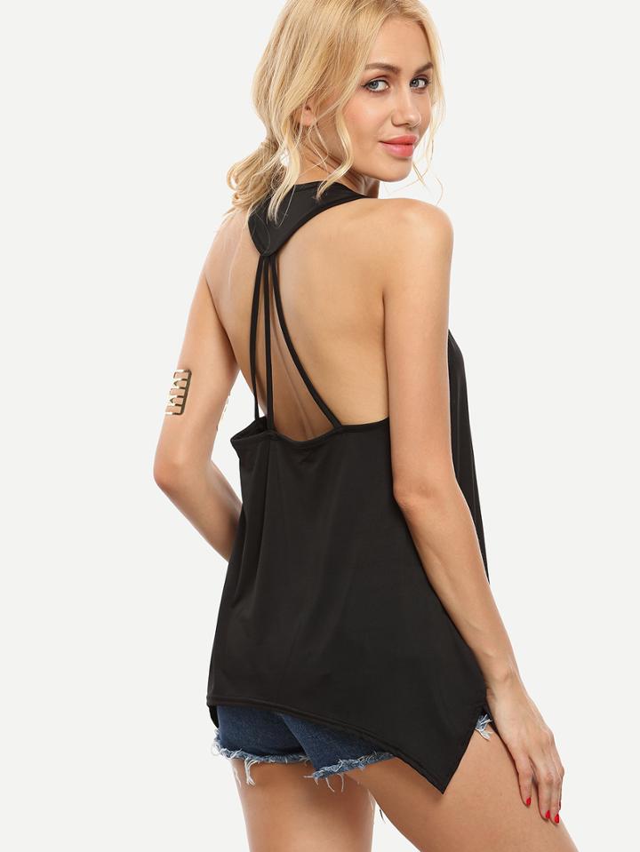 Shein Black Strappy Racerback Asymmetric Tank Top