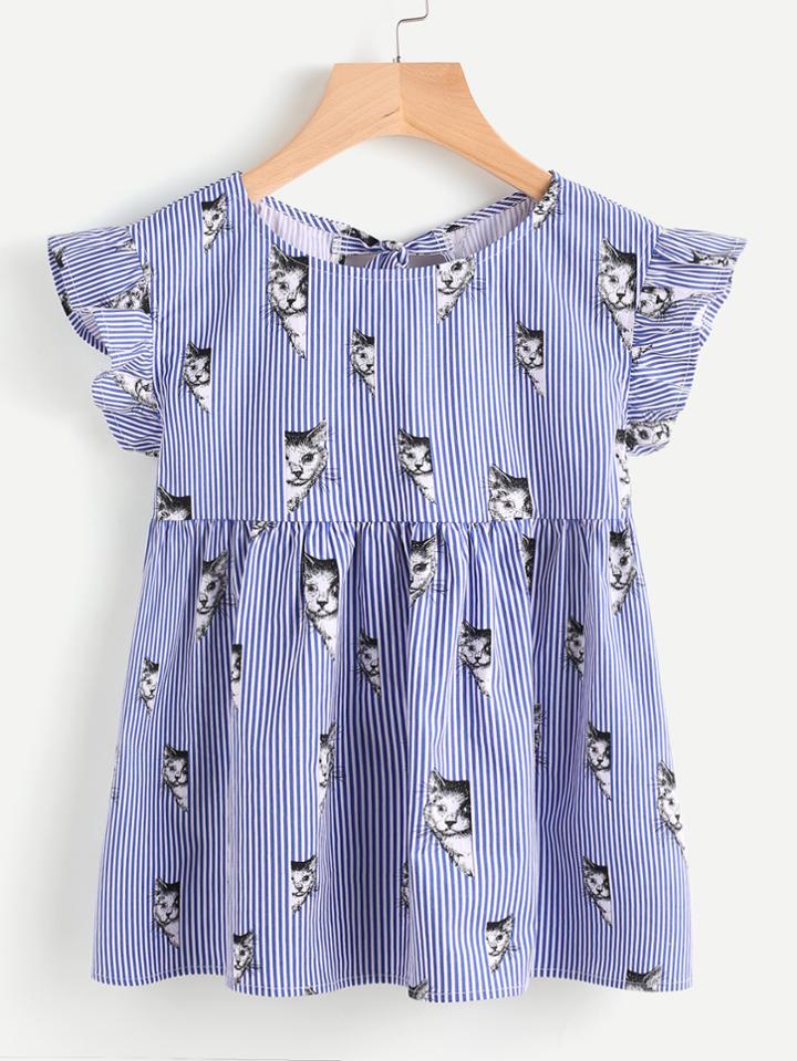 Shein Cat Print Split Tie Back Striped Babydoll Top