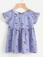 Shein Cat Print Split Tie Back Striped Babydoll Top