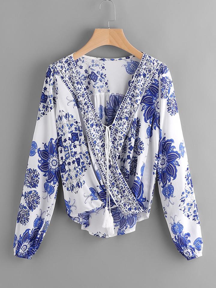 Shein Surplice Neckline Tassel Tie Printed Blouse