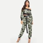 Shein Camo Print Zipper Up Crop Top & Sweatpants Set