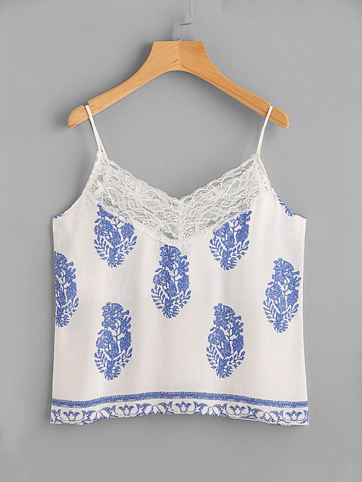 Shein Vintage Print Lace Panel Cami Top