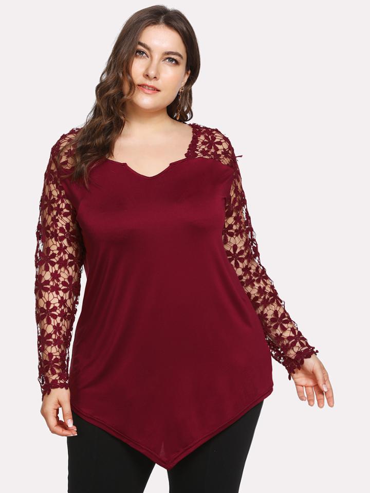 Shein Guipure Lace Panel Asymmetric Tee