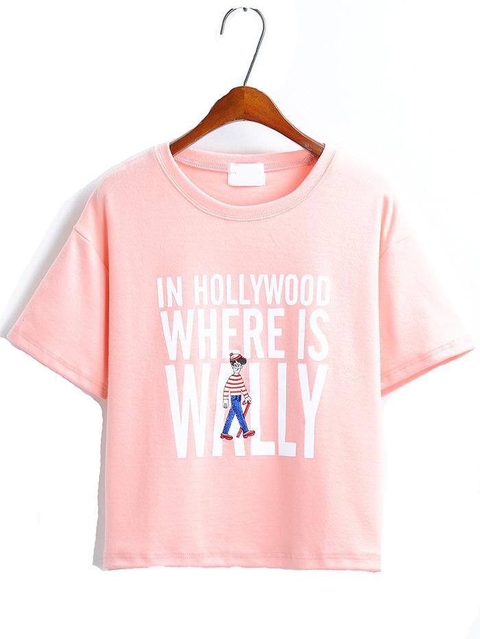 Shein Letters Print Embroidered Pink T-shirt