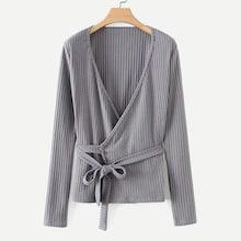 Shein Self Tie Rib Knit Trim Wrap Sweater