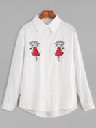 Shein White Foxes Embroidered Dip Hem Shirt