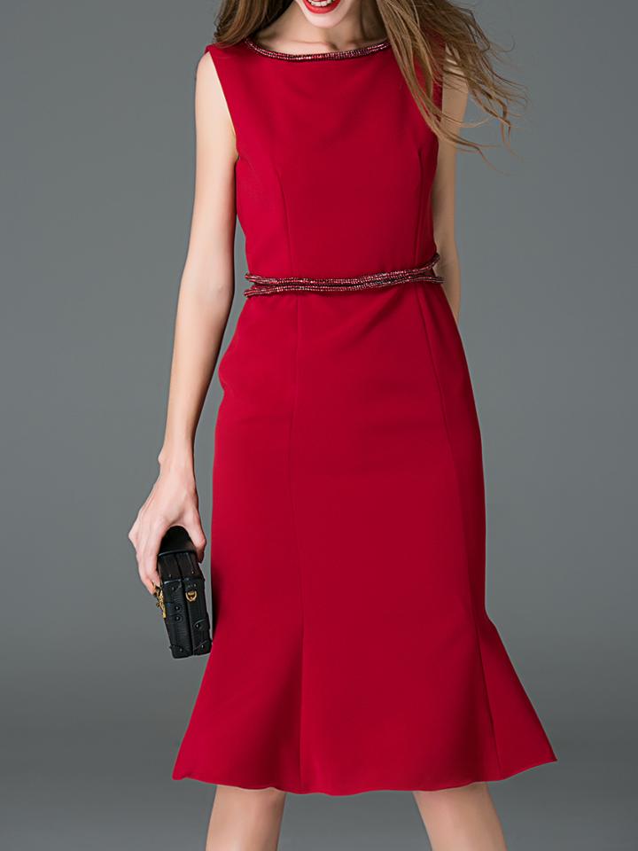 Shein Red Contrast Mesh Beading Frill Dress