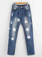 Shein Star Print Bleach Wash Jeans