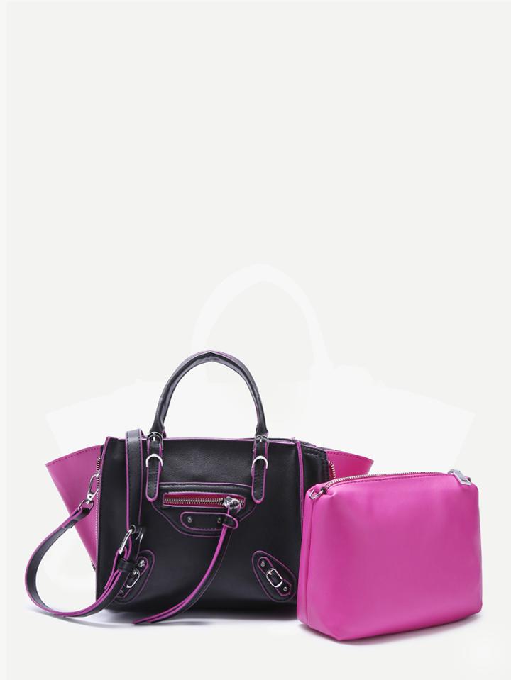 Shein Hot Pink And Black Buckled 2pcs Bag Set With Convertible Strap