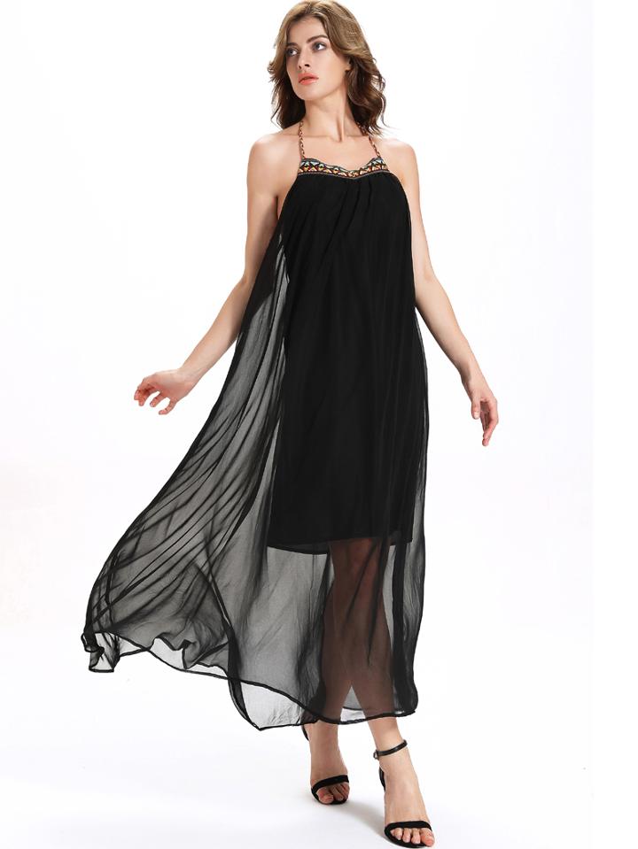 Shein Black Embroidered Mesh Overlay Halter Neck Dress