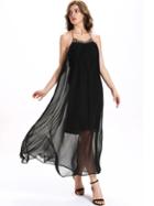 Shein Black Embroidered Mesh Overlay Halter Neck Dress