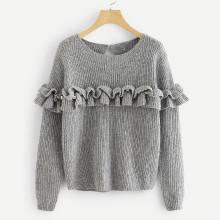 Shein Pearl Beading Ruffle Trim Heathered Sweater