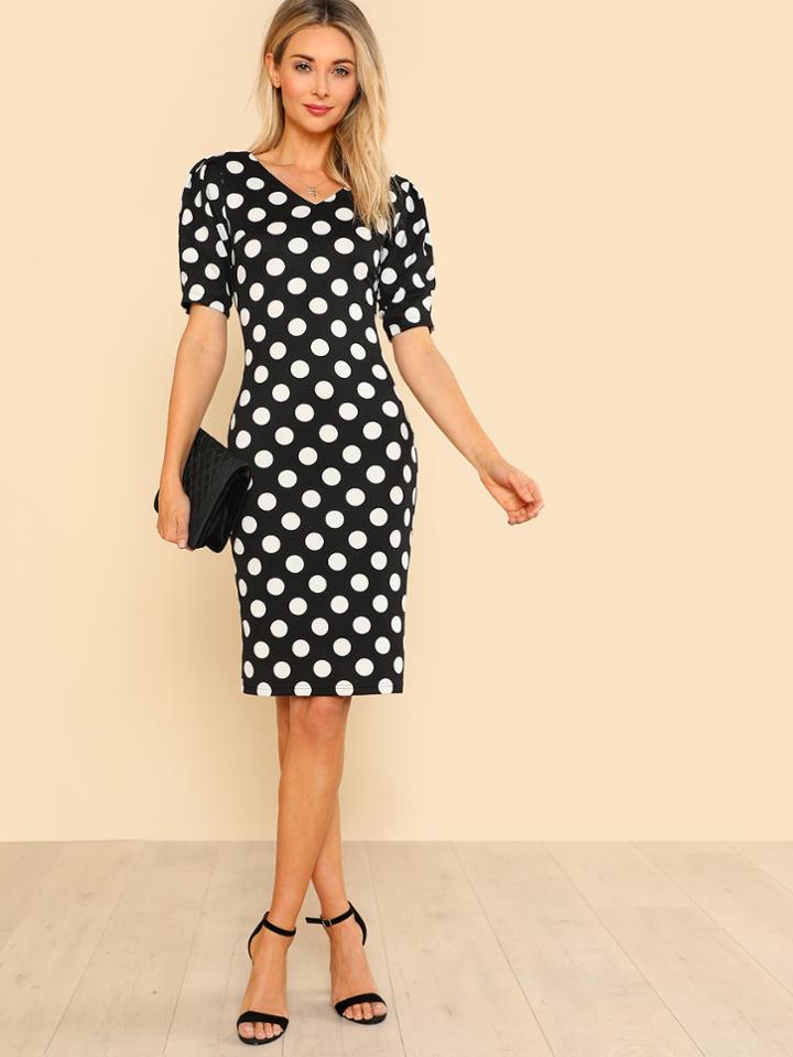 Shein Puff Sleeve Polka Dot Pencil Dress