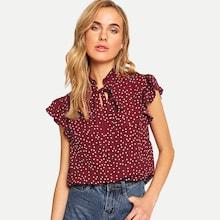 Shein Ruffle Sleeve Tied Neck Dot Blouse