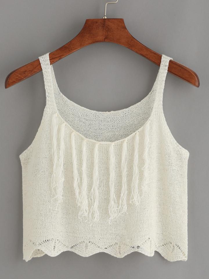 Shein White Scoop Neck Tassel Crop Top