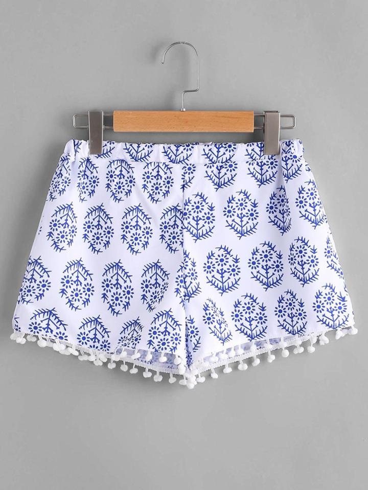 Shein Printed Pom Pom Trim Shorts