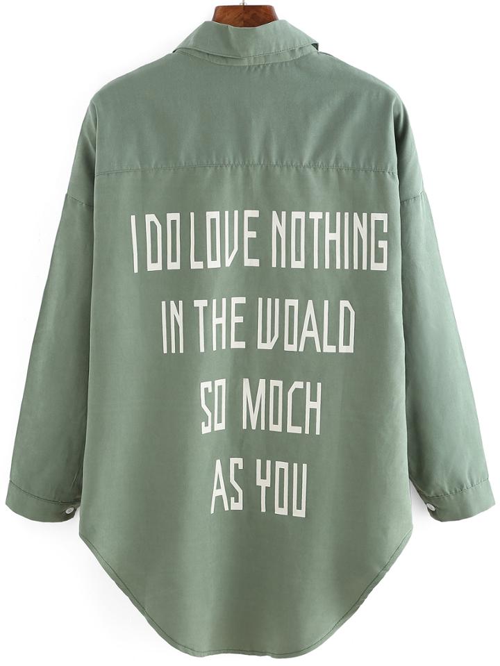 Shein Green Lapel Letters Print Pocket Blouse