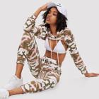 Shein Camo Print Drawstring High Low Hooded Top And Pants Set