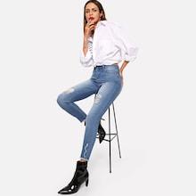 Shein Bleach Wash Ripped Detail Raw Hem Jeans