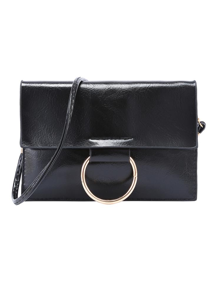 Shein Metal Ring Accent Flap Bag - Black