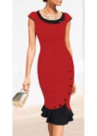 Rosewe Cap Sleeve Button Decorated Red Mermaid Dress
