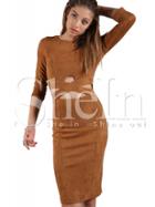 Shein Brown Suede Glamorous Long Sleeve Cut Out Backless Dress