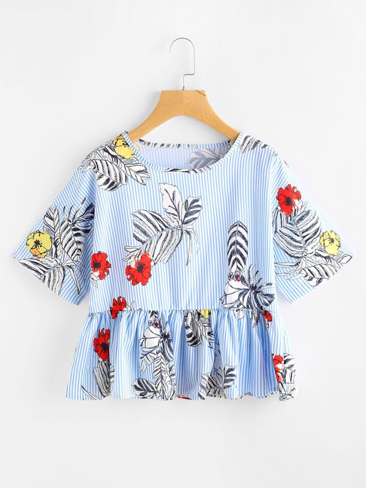 Shein Vertical Striped Jungle Print Frill Hem Blouse