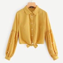 Shein Pearl Embellished Knot Hem Shirt