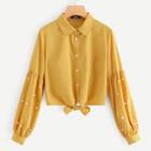 Shein Pearl Embellished Knot Hem Shirt