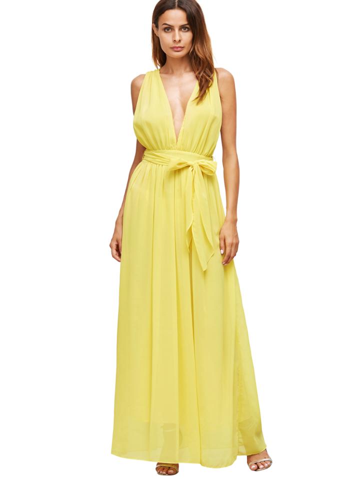 Shein Yellow Deep V Neck Self Tie Waist Maxi Dress