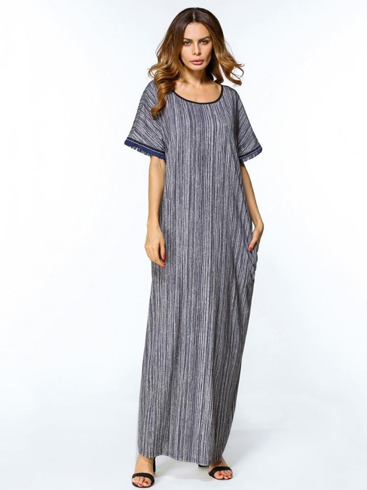 Shein Striped Contrast Trim Fringe Sleeve Maxi Dress