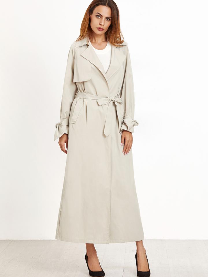 Shein Beige Knotted Cuff Wrap Coat With Gun Flap