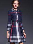 Shein Navy Lapel Long Sleeve Drawstring Dress