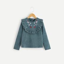 Shein Girls Flower Embroidered Ruffle Trim Corduroy Top
