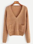 Shein Camel Marled Knit V Neck Pocket Front Crop Sweater