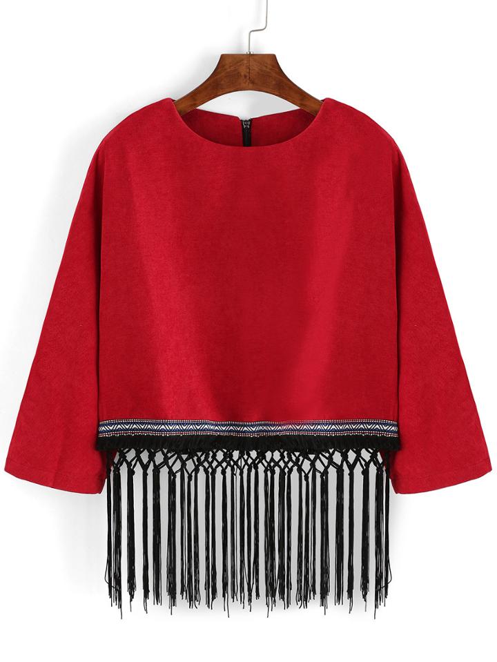 Shein Red Crew Neck Tassel Zipper Top