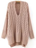 Shein Khaki V Neck Cable Knit Loose Sweater