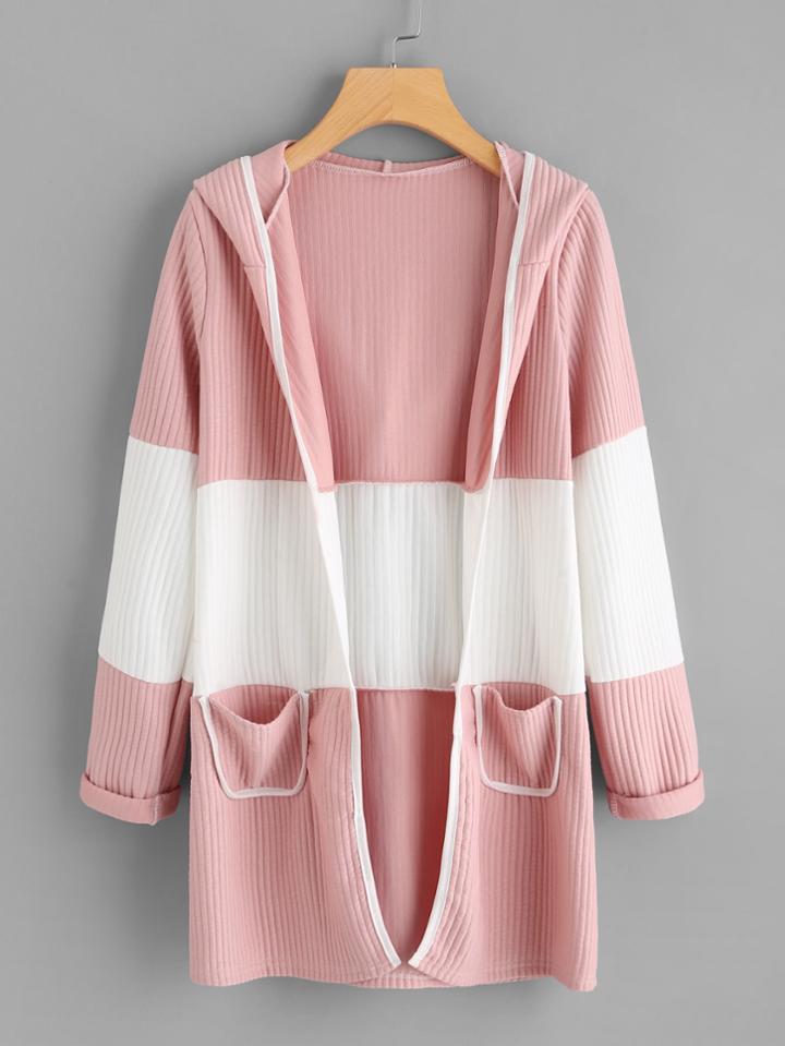 Shein Dual Pocket Ribbed Hooded Coat