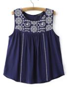 Shein Navy Embroidered Sleeveless Blouse