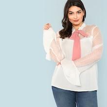 Shein Plus Mesh Yoke Ruffle Cuff Blouse