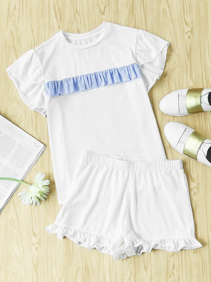 Shein Striped Ruffle Trim Tee And Short Pajama Set