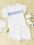 Shein Striped Ruffle Trim Tee And Short Pajama Set