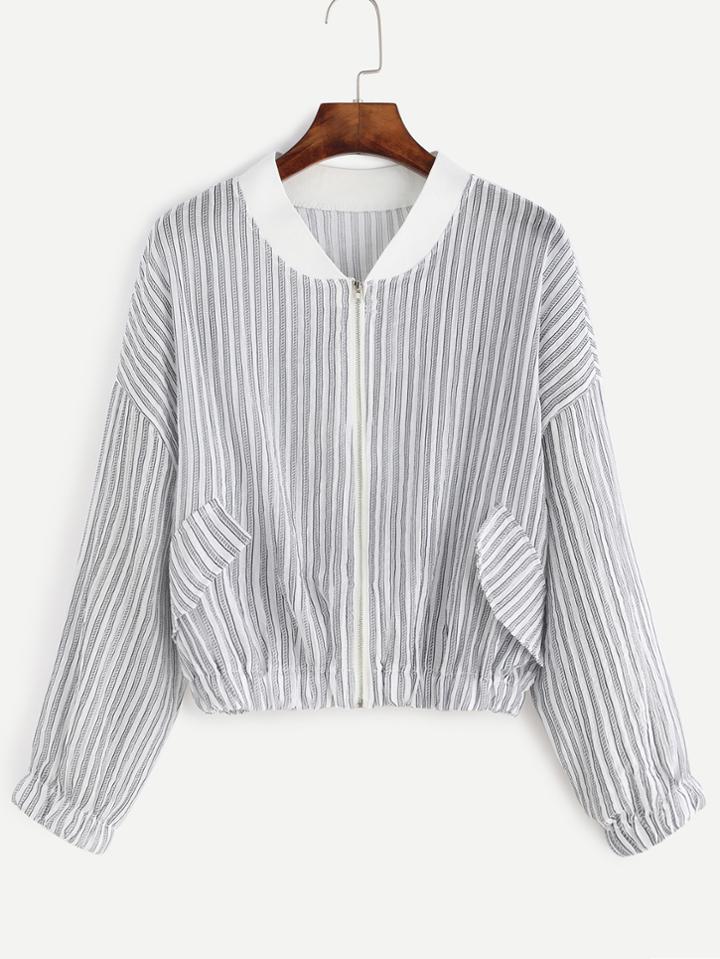 Shein Black Striped Drop Shoulder Bomber Jacket