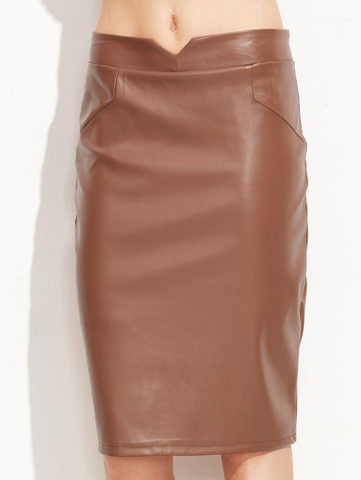 Shein Khaki V Cut Pu Pencil Skirt