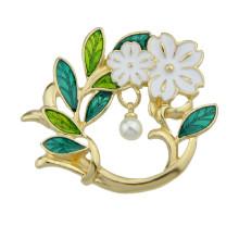 Shein Enamel Leaf Branch White Flower Brooches