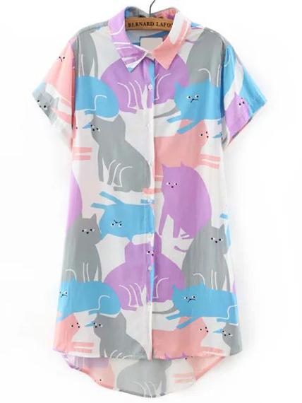 Shein Multicolor Cat Print Shirt Dress