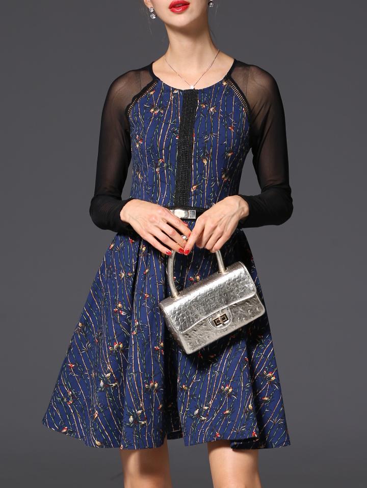 Shein Blue Sheer Print Belted A-line Dress
