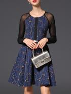 Shein Blue Sheer Print Belted A-line Dress